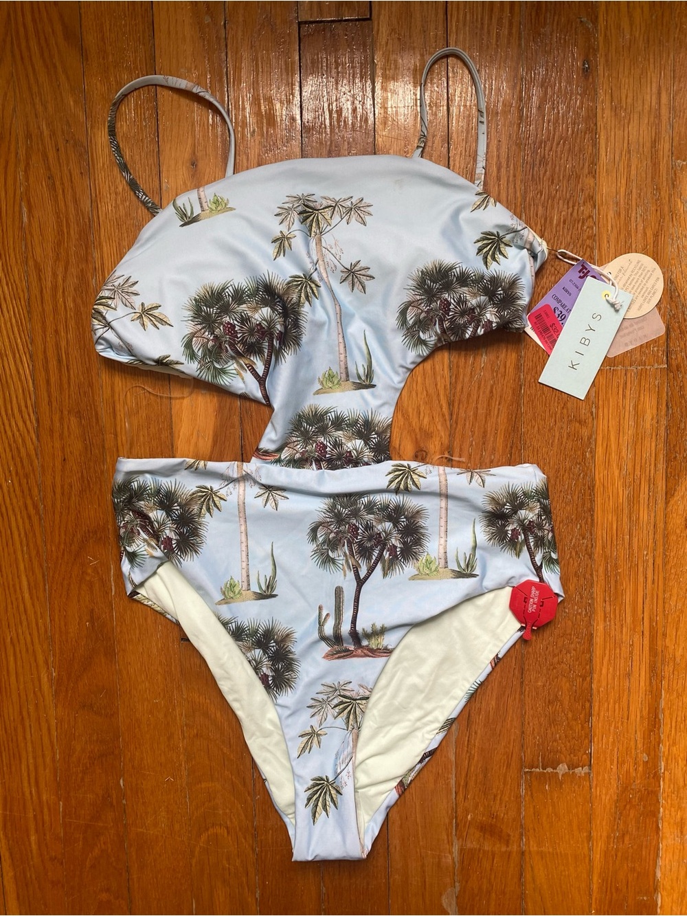NWT Kibys Light Blue Palm Print Cutout One-Piece Swimsuit